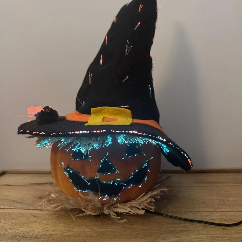 Vtg Halloween Jack-O-Lantern Pumpkin Fiber Optic Witch Hat Color Changing 15.5